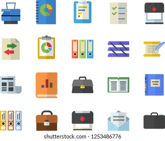 Color flat icon set graphic report flat vector, book balance accounting, briefcase, document, to do list, paper tray, copy machine, stamp, hostory roll, textbook, folders for papers, file sharing