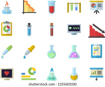 Color flat icon set graphic report flat vector, crisis, statistics, pipette, blood test, computer diagnostics of health, medical analysis, flask, gas burner, beakers, presentaition board