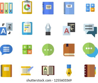 Color flat icon set graphic report flat vector, chat, calculator, ink pen, hostory roll, textbook, notebook, folders for papers, translate, book