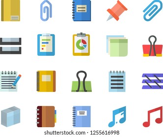 Color flat icon set graphic report flat vector, notebook, clip, sticker, paper tray, notepad, pushpin, binder, note