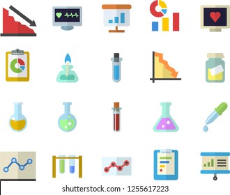 Color flat icon set graphic report flat vector, crisis, statistics, pipette, blood test, computer diagnostics of health, medical analysis, chart, point diagram, flask, gas burner, beakers