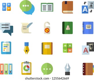 Color flat icon set graphic report flat vector, chat, calculator, ink pen, hostory roll, textbook, notebook, folders for papers, do not disturb fector, translate, book