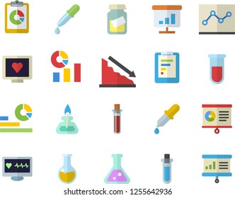 Color flat icon set graphic report flat vector, crisis, statistics, pipette, blood test, computer diagnostics of health, medical analysis, chart, point diagram, flask, gas burner, beakers