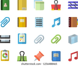 Color flat icon set graphic report flat vector, notebook, clip, sticker, paper tray, notepad, pushpin, binder, note