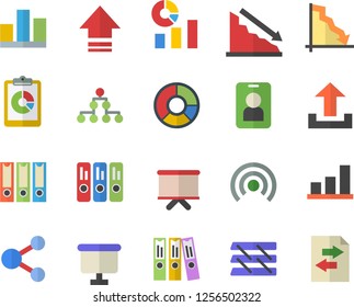 Color flat icon set graphic report flat vector, crisis, statistics, flipchart, statistic, clircle diagram, folder, paper tray, folders for papers, classification, chart, pass fector, share, upload