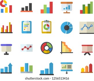 Color flat icon set graphic report flat vector, crisis, chart, statistics, flipchart, statistic, clircle diagram, point, presentaition board, achievement