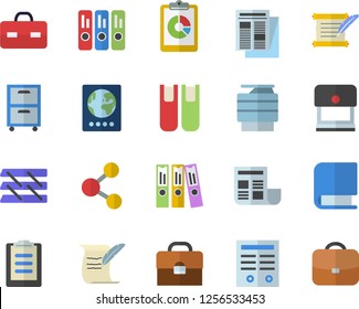 Color flat icon set graphic report flat vector, news, briefcase, clipboard, document, folder, paper tray, copy machine, archive, contract, book, hostory roll, passport fector, share, stamp