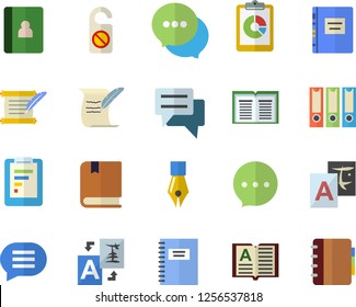 Color flat icon set graphic report flat vector, chat, ink pen, hostory roll, textbook, notebook, folders for papers, do not disturb fector, translate, book