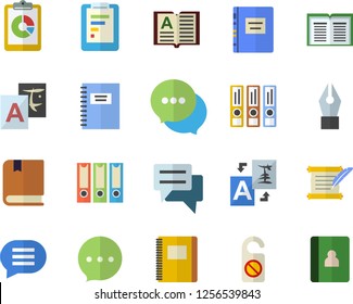 Color flat icon set graphic report flat vector, chat, ink pen, hostory roll, textbook, notebook, folders for papers, do not disturb fector, translate, book