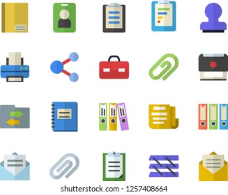 Color flat icon set graphic report flat vector, briefcase, clipboard, notebook, clip, document, folder, printer, paper tray, stamp, folders for papers, pass fector, share, file sharing, message