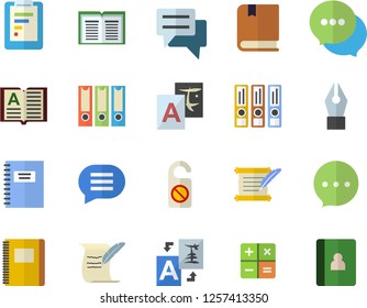 Color flat icon set graphic report flat vector, chat, calculator, ink pen, hostory roll, textbook, notebook, folders for papers, do not disturb fector, translate, book