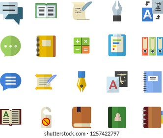 Color flat icon set graphic report flat vector, chat, calculator, ink pen, hostory roll, textbook, notebook, folders for papers, do not disturb fector, translate, book