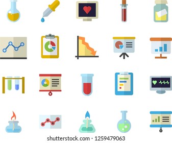 Color flat icon set graphic report flat vector, crisis, pipette, blood test, computer diagnostics of health, medical analysis, chart, point diagram, flask, gas burner, beakers, presentaition board