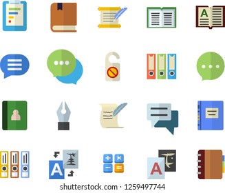 Color flat icon set graphic report flat vector, chat, calculator, ink pen, hostory roll, textbook, folders for papers, do not disturb fector, translate, book, notebook