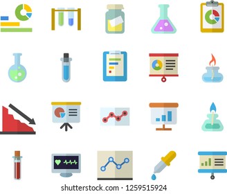 Color flat icon set graphic report flat vector, crisis, statistics, pipette, blood test, computer diagnostics of health, medical analysis, chart, point diagram, flask, gas burner, beakers