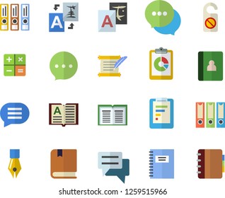 Color flat icon set graphic report flat vector, chat, calculator, ink pen, hostory roll, textbook, notebook, folders for papers, do not disturb fector, translate, book