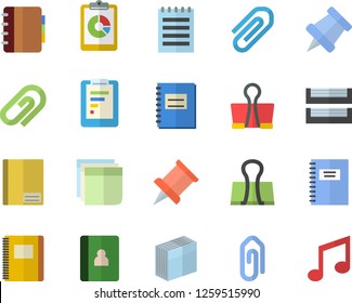 Color flat icon set graphic report flat vector, notebook, clip, sticker, paper tray, notepad, pushpin, binder, note