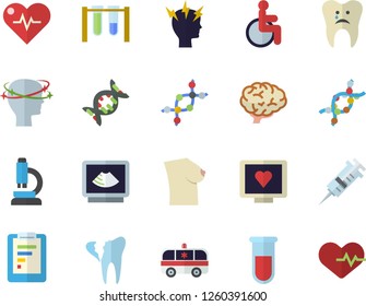 Color flat icon set graphic report flat vector, blood test, syringe, computer diagnostics of health, disabled, headache, ambulance, ultrasound, breast, DNA, caries, broken tooth, microscope, beakers