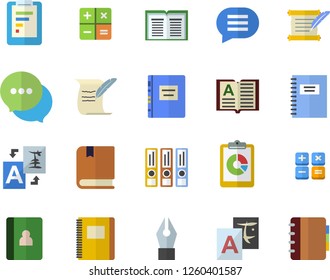 Color flat icon set graphic report flat vector, chat, calculator, ink pen, hostory roll, textbook, notebook, folders for papers, translate, book
