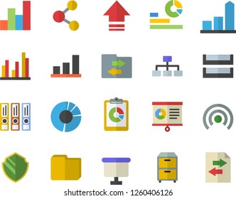 Color flat icon set graphic report flat vector, chart, statistics, flipchart, statistic, clircle diagram, computer file, paper tray, archive, folders for papers, classification, security fector