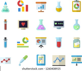 Color flat icon set graphic report flat vector, statistics, pipette, blood test, computer diagnostics of health, medical analysis, chart, point diagram, flask, gas burner, beakers