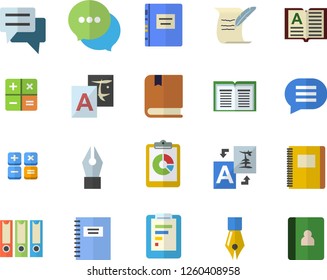 Color flat icon set graphic report flat vector, chat, calculator, ink pen, hostory roll, textbook, notebook, folders for papers, translate, book