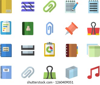 Color flat icon set graphic report flat vector, notebook, clip, sticker, paper tray, notepad, pushpin, binder, note