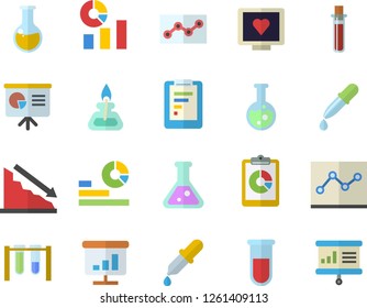 Color flat icon set graphic report flat vector, crisis, statistics, pipette, blood test, computer diagnostics of health, medical analysis, chart, point diagram, flask, gas burner, beakers