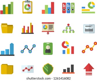 Color flat icon set graphic report flat vector, chart, statistics, scatter, barcode, statistic, computer file, folder, point diagram, classification, security fector, pass, upload