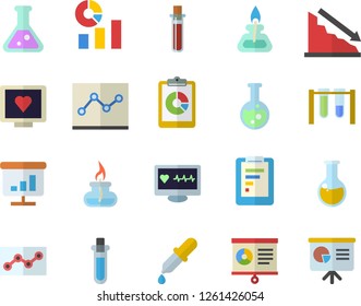 Color flat icon set graphic report flat vector, crisis, statistics, pipette, blood test, computer diagnostics of health, medical analysis, chart, point diagram, flask, gas burner, beakers