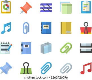 Color flat icon set graphic report flat vector, notebook, clip, sticker, paper tray, notepad, pushpin, binder, note