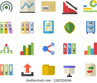 Color flat icon set graphic report flat vector, crisis, chart, statistics, flipchart, barcode, computer file, folder, point diagram, archive, folders for papers, classification, security fector