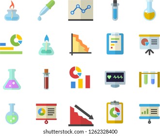 Color flat icon set graphic report flat vector, crisis, statistics, pipette, blood test, computer diagnostics of health, medical analysis, chart, point diagram, flask, gas burner, beakers