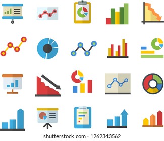 Color flat icon set graphic report flat vector, crisis, chart, statistics, scatter, statistic, clircle diagram, point, presentaition board, achievement