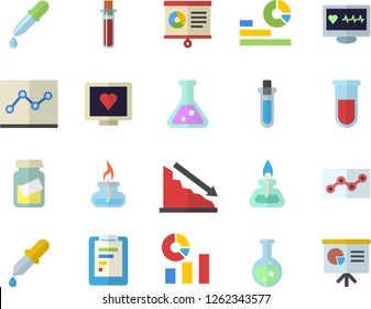 Color flat icon set graphic report flat vector, crisis, statistics, pipette, blood test, computer diagnostics of health, medical analysis, chart, point diagram, flask, gas burner, beakers