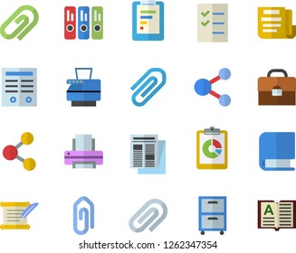 Color flat icon set graphic report flat vector, news, briefcase, clip, document, folder, to do list, printer, copy machine, archive, contract, book, hostory roll, share
