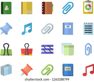 Color flat icon set graphic report flat vector, notebook, clip, sticker, paper tray, notepad, pushpin, binder, note