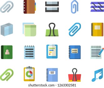 Color flat icon set graphic report flat vector, notebook, clip, sticker, paper tray, notepad, binder, note