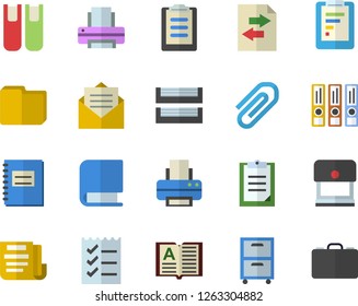 Color flat icon set graphic report flat vector, clipboard, notebook, clip, document, computer file, to do list, printer, paper tray, archive, book, folders for papers, sharing, stamp, message, case