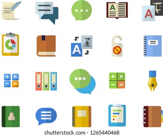 Color flat icon set graphic report flat vector, chat, calculator, ink pen, hostory roll, textbook, notebook, folders for papers, do not disturb fector, translate, book