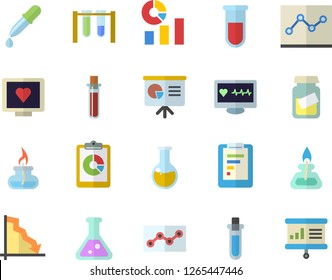 Color flat icon set graphic report flat vector, crisis, statistics, pipette, blood test, computer diagnostics of health, medical analysis, point diagram, flask, gas burner, beakers