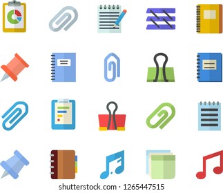 Color flat icon set graphic report flat vector, notebook, clip, sticker, paper tray, notepad, pushpin, binder, note