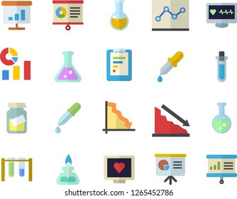 Color flat icon set graphic report flat vector, crisis, statistics, pipette, computer diagnostics of health, medical analysis, chart, point diagram, flask, gas burner, beakers, presentaition board
