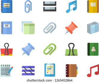 Color flat icon set graphic report flat vector, notebook, clip, sticker, paper tray, notepad, pushpin, binder, note