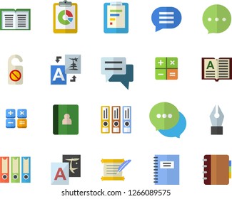 Color flat icon set graphic report flat vector, chat, calculator, ink pen, hostory roll, notebook, folders for papers, do not disturb fector, translate, book
