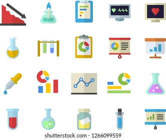 Color flat icon set graphic report flat vector, crisis, statistics, pipette, blood test, computer diagnostics of health, medical analysis, chart, point diagram, flask, gas burner, beakers