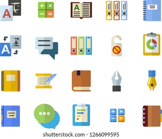Color flat icon set graphic report flat vector, chat, calculator, ink pen, hostory roll, textbook, notebook, folders for papers, do not disturb fector, translate, book