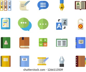 Color flat icon set graphic report flat vector, chat, calculator, ink pen, hostory roll, textbook, notebook, folders for papers, do not disturb fector, translate, book