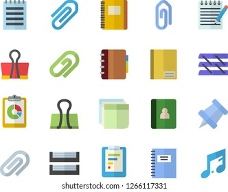 Color flat icon set graphic report flat vector, notebook, clip, sticker, paper tray, notepad, pushpin, binder, note