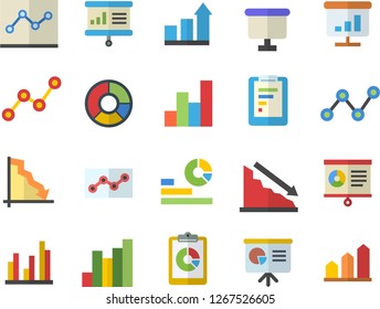 Color flat icon set graphic report flat vector, crisis, chart, statistics, scatter, flipchart, statistic, clircle diagram, point, presentaition board, achievement